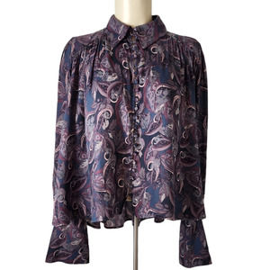 Free People Modern Muse Swing Top Sz XS Purple Gray Paisley Loop Buttons Hi-Low